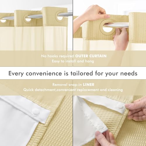 Mrs Awesome No Hook Shower Curtain with Snap-in Liner Less Time On/Off, Embossed Waffle-Look Textured Fabric Shower Curtain for Bathroom, Soft & Lightweight, 71x74, Beige - color: Beige, size: 71"W x 74"L (Pack of 1)