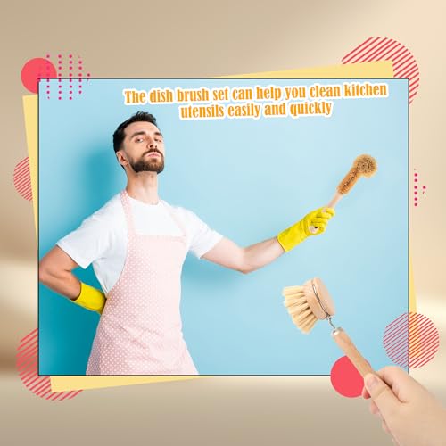 12 Pcs Bamboo Dish Brush Set with 65 Ft Hemp Rope Wooden Palm Pot Brush Natural Scrubbers Brushes Sisal Bristles for Pans, Bottle, Sink Kitchen Cleaning