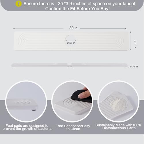 30 Inch Stone Faucet Mat for Kitchen Sink quick dry around faucet | Water Absorbent Stone Tray, Sink Splash Guard, Extra-Long Diatomite Stone Drying Mat for Bathroom Counter (white 30" x 3.9") - color: White.30" x 3.9"