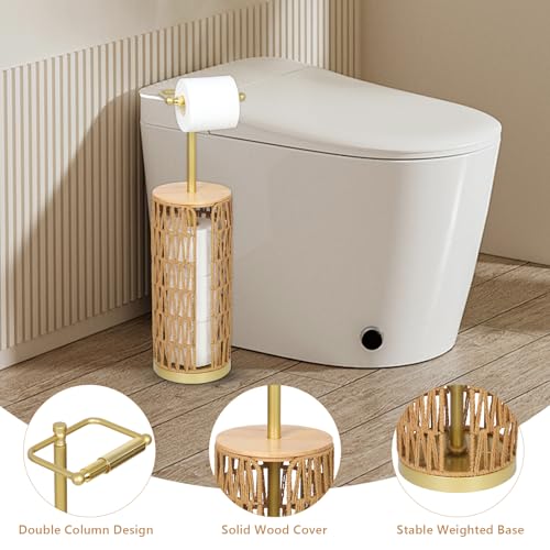 Trongee Freestanding Toilet Paper Holder with Storage,3 Rolls of Boho Toilet Paper Holder Stand with Lid,Gold Toilet Tissue Holder Stand Rattan Paper Storage Wicker Toilet Roll Holder Basket - color: U-gold