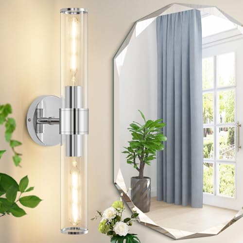 Hardwired Chrome Bathroom Vanity Light Clear Glass Wall Sconce | Up & Down Bidirectional Lighting, Damp Rated For Bathrooms, Dimmable, Rustproof Metal, 3-Year Manufacturer Warranty - color: Chrome-A