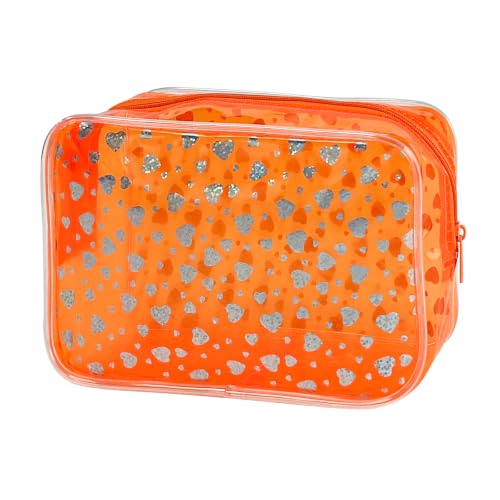 Waterproof Makeup Bag with Silver Stars, Pink Clear Cosmetic Pouch, 7x2.3x4.7 Inches, TSA Approved Travel Toiletry Organizer, 2 Pack (Orange+Heart) - color: Orange+Heart