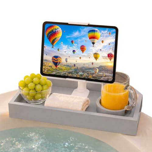 Vespara Bamboo Hot Tub Table with Adjustable Phone Holder, Non Slip Hot Tub Table Spa Gifts for Women, Bathtub Canddy Tray with Wine Glass Holder Tray for Luxury Bathtub& Bathroom Accessories Silver - color: Silver