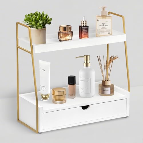 2-Tier Bathroom Organizer Countertop with Drawer, Wood Counter Organizer for Bathroom Decor, Sink Shelf for Vanity Storage, Makeup Tray for Perfume Skincare, Spice Rack Bedroom Kitchen Corner - color: White
