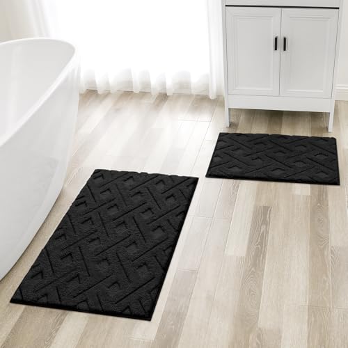 HOMEIDEAS Black Bathroom Rug Set 2 Piece, Soft Microfiber Tufted Bath Mats, Super Absorbent Non Slip, Machine Washable Bathroom Rugs for Tub, Shower and Floor, 20" x 32" Plus 16" x 24" - color: Black