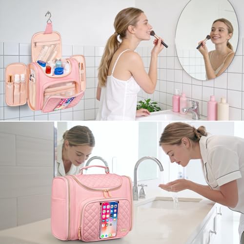 Tealari Large Toiletry Bag for Women Men,Bathroom Bag,Water Resistant Shower Bag,Makeup Bag,Toiletry Bags for Traveling,Hanging Toiletry Bag with Transparent Waterproof Phone Pocket - color: Pink