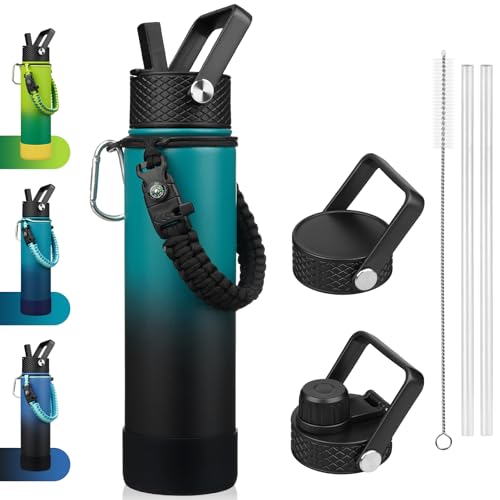 BJPKPK 27oz Insulated Water Bottles with 3 Lids, Paracord Handle & Non-slip Boot, Stainless Steel Water Bottle with Straw, BPA Free Thermal Flasks, Tumblers, Army Green & Black - color: Army Green & Black, size: 27 Ounces