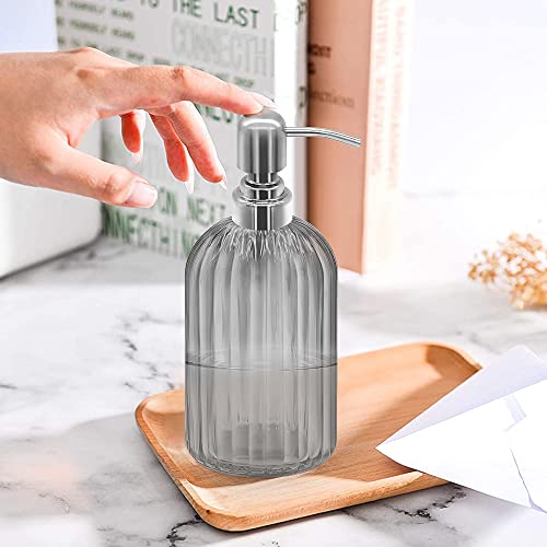 14 Oz Glass Soap Dispenser with 304 Rust Proof Stainless Steel Pump, Refillable Hand Liquid Soap Dispenser for Bathroom, Kitchen, Countertop, Laundry Room (Dark Grey) - color: Gray