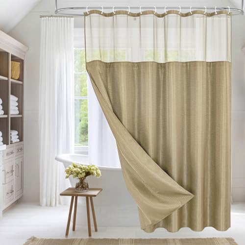 MitoVilla Beige Shower Curtain with Snap-in Liner, Modern Weave Fabric Shower Curtain for Luxury Hotel & Spa Bathroom Decor, 72 x 72, Beige/Khaki - color: Beige, size: 72"W x 72"L (Pack of 1)