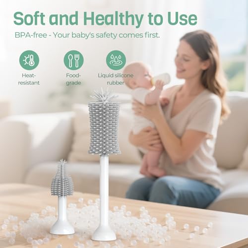 SEANCHEER S02 Electric Bottle Brush Set, Portable Baby Bottle Brush Cleaner, AA Battery-Powered & IPX7 Waterproof, with Silicone Bottle/Nipple/Sponge/Straw Brush, for New Parents (Extra-Long) - color: Extra Long Gray