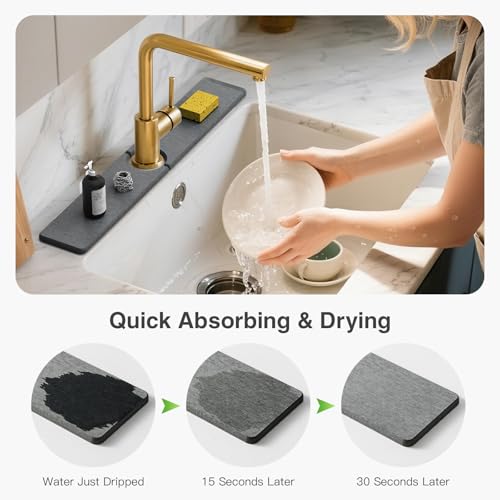 23.6" x 4" Stone Faucet Mat for Kitchen Sink, Quick Drying Diatomite Sink Tray, Faucet Sink Splash Guard for Prevents Moisture Buildup (Dark Gray) - color: Dark Gray, size: 23.6" x 4"