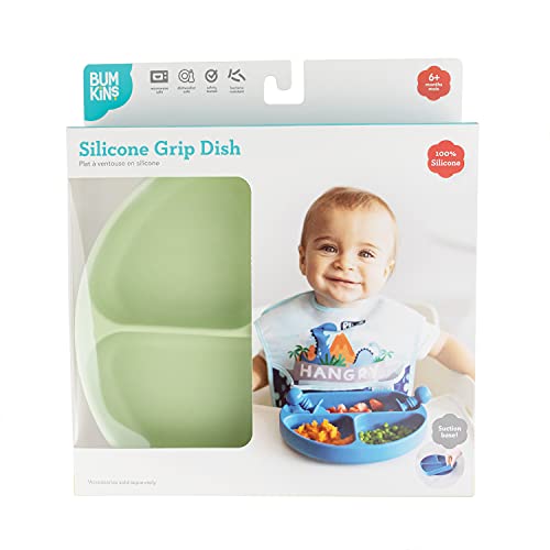 Bumkins Toddler and Baby Suction Plate, Divided Grip Dish for Babies and Kids, Baby Led Weaning, Feeding Supplies, Sticks to Tables and Highchairs, Platinum Silicone, for Chidren 6 Months, Sage - color: C3 Sage-GD