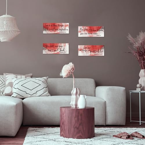 ZONWUTHY 4 Pcs Red Bathroom Decor Christian Wall Art Abstract Bible Verse Wall Decor Rustic Inspirational Wood Bathroom Accessories For Bedroom Kitchen Office(10 x 4 Inches, Red) - color: Red