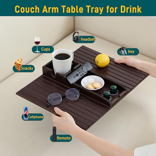 Bamboo Couch Cup Holder Arm Tray Table，Foldable Couch Drink Holder Armrest Table，Sofa Arm Rest Tray，Flexible Arm Chair Table Recliners for Drink,Cups, Snacks, Phone, Remote (Mahogany) - color: Mahogany