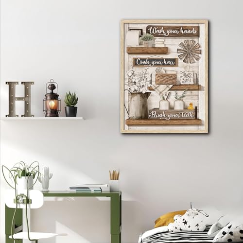 KISSFOX Framed Wall Art Bathroom Wall Decor Farmhouse Pictures Rustic Cotton Canvas Art Inspirational Quotes Paintings Artwork For Restroom - color: Vase-Bathroom, size: 16x20 in
