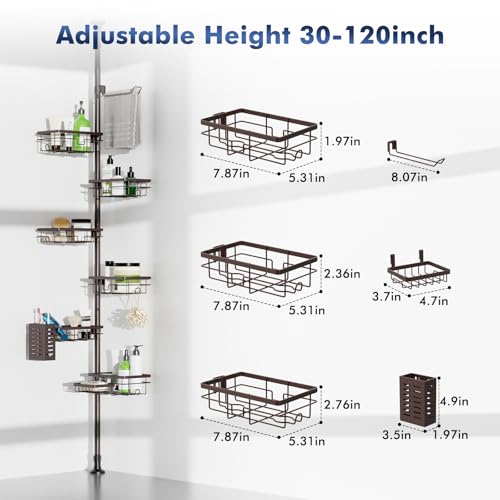 Vatex Corner Shower Caddy Tension Pole,Adjustable 30-120 Inch Bathroom Organizer Storage,Rustproof 6-Tier Shower Corner Shelves,Towel Rack, Toothbrush Holder, Soap Dish Organizers - color: Bronze