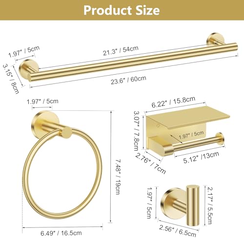 TQKAG 5 Piece Bathroom Towel Bar Holder Sets Brushed Gold Bathroom Hardware Set Stainless Steel Toilet Paper Holder with Shelf Bathroom Accessories Kit Wall Mounted - color: Brushed Gold, size: 5-Pieces Set-A