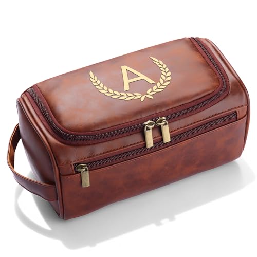 OXYEFEI Personalized Toiletry Bag for Men,Personalized Gifts for Men,Engraved Initial PU Leather Mens Toiletry Travel Shaving Travel Essentials Toiletries Bag for Him Birthday (A, Brown) - color: Brown, style: A
