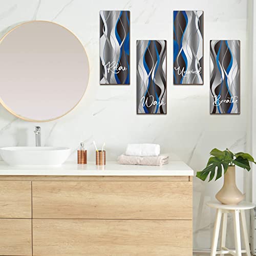 Qunclay Set of 4 Pcs 11 x 4 Inch Blue and Black Striped Bathroom Wall Art Grey and White Relax Soak Unwind Breathe Wall Art Farmhouse Rustic Wood Bathroom Decor Hanging Modern Wooden Printed Sign