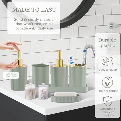 Sage Green Bathroom Accessories Set, 10PC Bathroom Set, Bath Accessory with Pop Up Trash Can, Soap Dispenser, Toilet Brush, Toothbrush Set Qtip Holders & Tray - color: Sage Green & Gold, size: 10-Piece Set (Accessories Only)