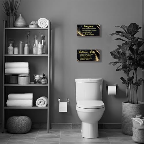 DONFENTHY 2 Pieces Black Gold Bathroom Decor Bathroom Rules Wall Art Rustic Farmhouse Rules Wooden Sign for Toilet Decor (Black Gold 12x6") - color: Black