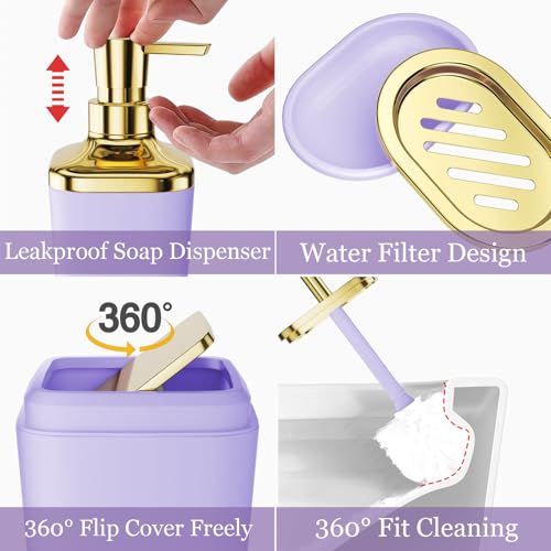 XLHOMO Bathroom Set - Purple and Gold Bathroom Accessories, Bathroom Sets with Shower Curtain and Rugs, Purple Shower Curtain Set with Bathroom Trash Can, Soap Dispenser, Soap Dish for Home Decor - color: Stripe Purple & Gold, size: Complete Set + Bath Ru