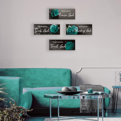 ONIZHITY 4 Pcs Teal Bathroom Decor Religious Wall Art Turquoise Bathroom Bible Verse Inspirational Teal Rose Wall Decor Wooden Christian Sign for Home Office Bedroom Living Room Kitchen(10x4) - color: Teal Rose