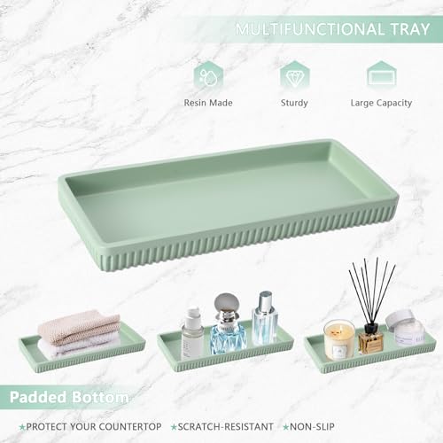 XLHOMO Resin Light Green Bathroom Accessories Set 5 Pcs, Lotion Soap Dispenser, Toothbrush Holder, Bathroom Tumbler, Qtip Holder and Vanity Tray, Bathroom Countertop Organizer Set for Modern Apartment - color: Green, size: Resin Bath Set