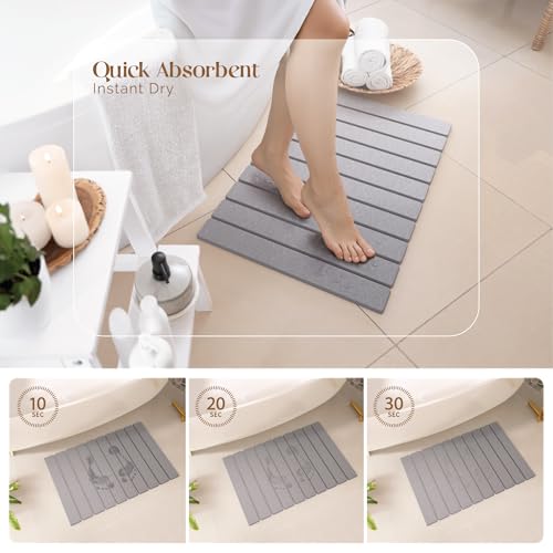 Stone Bath Mat for Bathroom – Roll-Up & Foldable | 23.62" x 15.75" | Quick Drying & Super Absorbent | Long Diatomite Stone Drying Mat for Kitchen| Non-Slip | Durable | Gray - color: Grey