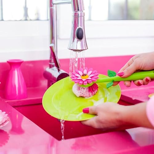 Vigar Flower Power Dish Brush with Handle and Vase Holder - Dish Scrub Brush for Dishes, Kitchen Scrub Brush, Dish Brush with Handle, Sink Cleaning Brush, Pot Scrubber, Dishwashing Brush - Pink - color: Pink
