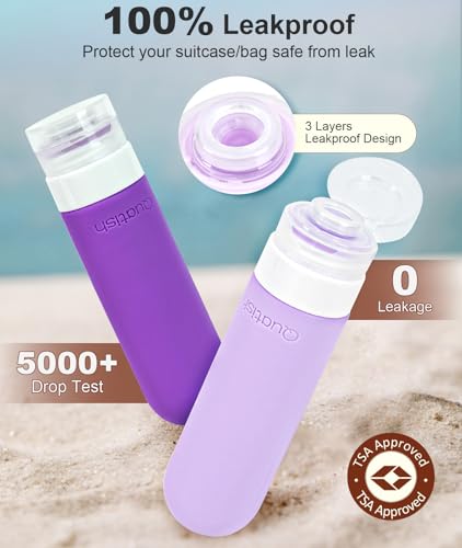 Quatish Travel Bottles for Toiletries 6 Pack, Original Patented Leakproof 3 oz Tsa Approved Travel Size Containers, BPA Free Silicone Shampoo and Conditioner Bottles, Cruise Camping Essentials, Purple - color: Purple