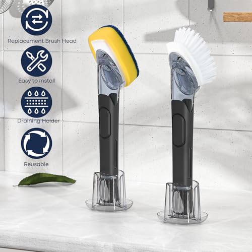 RIMAY Dish Brush with Soap Dispenser Storage Set with 2 PCS Brush Refills & Holder, Dish Scrubber with Soap Dispenser, Dish Soap Brush, Dish Wand with Soap Dispenser for Dishes, Pans, Sink, Pots - color: Black