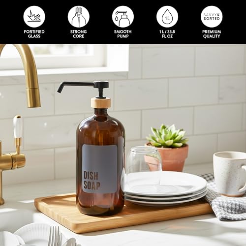 SAVVY & SORTED Amber Glass Dish Soap Dispenser for Kitchen Sink 1 Liter, Large Kitchen Soap Dispenser Set with Permanent Label, Refillable Glass Bottle for Dish Washing Liquid, 34 Fl Oz - color: Amber - Dish Soap 1 Ltr