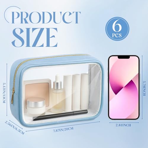 Abbylike 6 Pcs Clear Makeup Bags Bulk PU Leather Cosmetic Pouches Transparent Toiletry Bags with Zipper Waterproof Purse Skincare Car Organizer for Girl Women Travel Gifts(Lake Blue) - color: Lake Blue