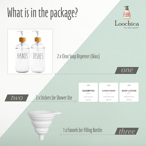 LOOCHICA 2 Pack Clear Glass Soap Dispenser with Plastic Pump, Transparent Dish and Hand Soap Dispenser Set, Refillable Reusable Apothecary Soap Pump Dispenser Bottles for Bathroom and Kitchen - color: A05-2 X Clear