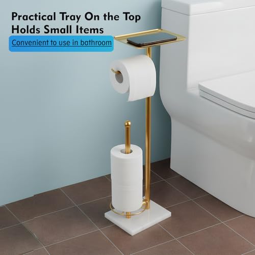 Gold Toilet Paper Holder with Shelf, Free Standing Toilet Paper Holder with Storage - Toilet Paper Stand for Holding Extra 3 Rolls, Tissue Holder for Bathroom (Gold with Marble Base) - color: Gold With Marble Base