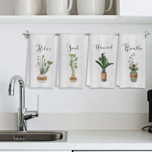 Boho Botanical Bathroom Hand Towels Set of 4, Relax Breathe Soak Unwind Decorative Hand Towels for Gym Yoga Spa Bathroom Decor, 16x24 Inches(Style I) - color: I