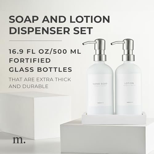 MaisoNovo Soap and Lotion Dispenser Set - Bathroom Soap Dispenser Set with White Soap Dispenser, Silver Pumps & Concrete Tray - color: White Bottles/ Silver Pumps/ White Concrete Tray
