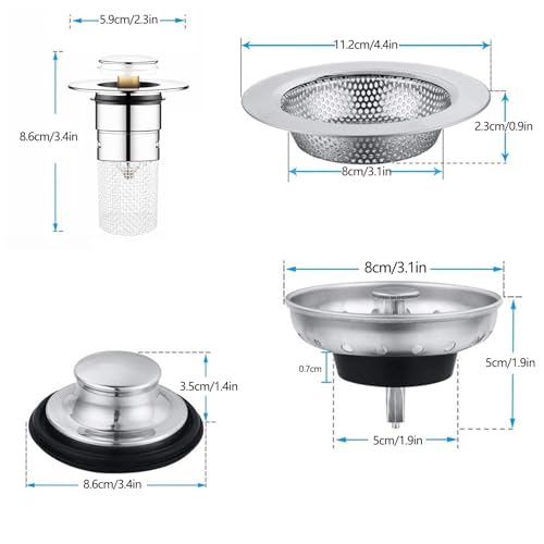 4-Piece Sink Drain Kit: Stainless Steel Strainer Stopper with Handle & Removable Hair Catcher for Kitchen/Bathroom Sinks (1.34"-1.57" Hole), Includes 2 Rubber Gaskets