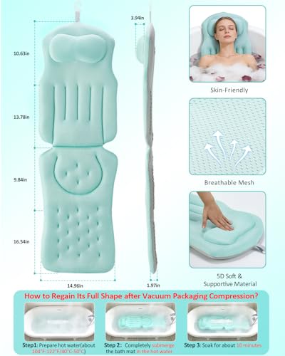 Full Body Bath Pillow for Bathtub, 5D Thick Tub Pillow for Bathtub with 192 Non-Slip Suction Cups, Laundry Bag & Hook, Bathtub Pillow for Head, Neck & Back Support (Green, 51"*15") - color: Green