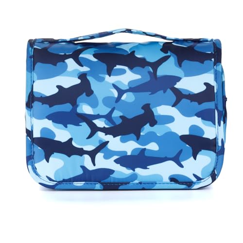 Kids Hanging Toiletry Bag for Boys, Travel Toiletry Bag for Little Young Boys Waterproof Wash Bag Toddler Traveling Toiletries, Shark Blue Camo - color: Shark-Blue