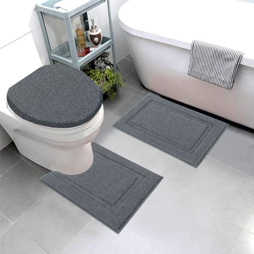 SHACOS Bathroom Rugs Sets 3 Piece with Toilet Lid Cover | 16"x24"Bath Mat and 20"x24" U-Shape Contoured Toilet Mat Machine Washable Shaggy Absorbent Bath Rugs(Dark Grey) - color: Dark Grey, size: 16"x24"+U-Shape 20"x24"+Lid Cover 19"x21"