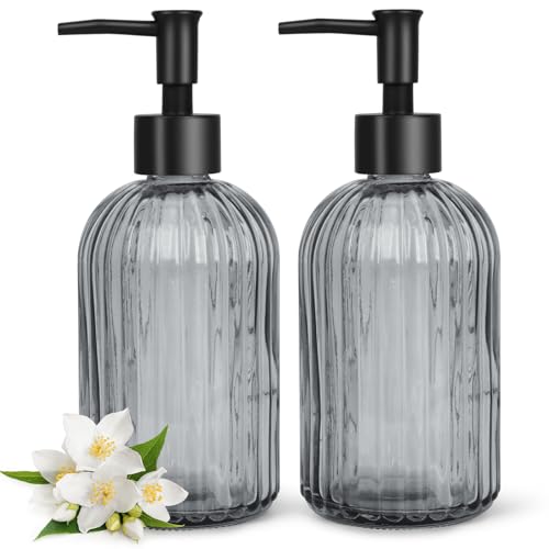Topsky 2 Pack Glass Soap Dispenser with Plastic Pump,400ml Liquid Hand Soap Dispenser,Rustproof Pump for Kitchen & Bathroom,Great for Lotions,Essential Oil,Liquid Soaps,Gray - color: Stripe-grey, size: Plastic Pump