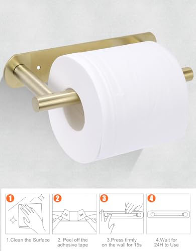 YUET Toilet Roll Holder, Self Adhesive or Screw in Wall Mounted Options, Double Post Pivoting Tissue Roll Holder, Stainless Steel Rustproof Stick On No Drilling Wall Mount for Bathroom, Brushed Gold - color: Gold-pivoting