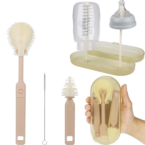 Portable Baby Bottle Brush Set – 5-in-1 Silicone Baby Bottle Cleaner Kit with Nipple Brush, Straw Brush, Drying Rack & Travel Case – BPA-Free, Bottle Washing Set for On-the-Go (Pink) - color: Pink