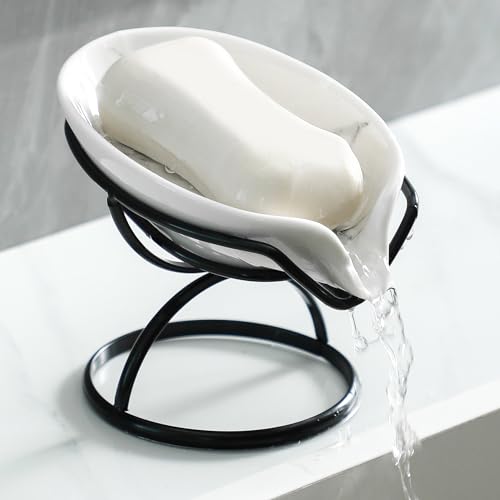 Dobbyby Leaf-Shaped Soap Dish – Ceramic Soap Bar Holder with Self-Drainage System – Bar Soap Holder for Shower, Bathroom Sink, Kitchen – Soap Dish with Stainless Steel Stand (White-Black-2 Pack) - color: White-black-2 Pack