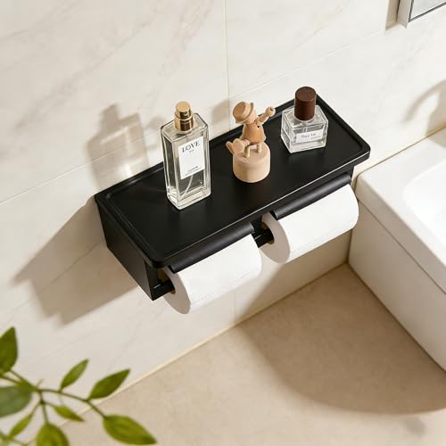 Matte Black Double Toilet Paper Holder with Shelf - Toilet Paper Cutting Function, Toilet Paper Holder Wall Mounted for Bathroom Washroom - color: Abs Black&black, size: Full