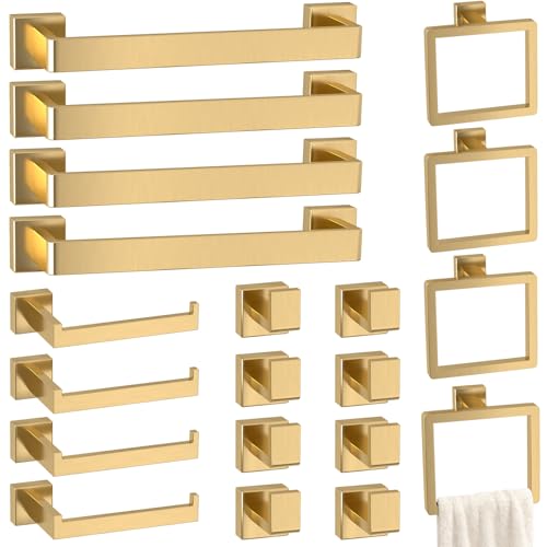 Bathroom Accessory Towel Bar Set: 20 Pieces Gold Bathroom Hardware Square SUS304 Stainless Steel - Wall Mounted Towel Rack&Toilet Paper Holder&Towel Ring and Towel Hook - color: Gold, size: 16inch 20 Pieces