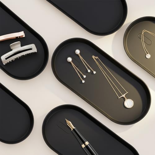 Small Silicone Tray 8.7" Black Oval Catch All Decorative Tray for Vanity Bathroom Desk - color: Black