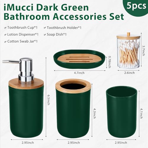 iMucci Bathroom Accessories Set 5Piece Hunter Green Bathroom Sets, Toothbrush Holder, Toothbrush Cup, Lotion Soap Dispenser, Soap Dish and Qtip Holder Bathroom Decor - style: Dark Green